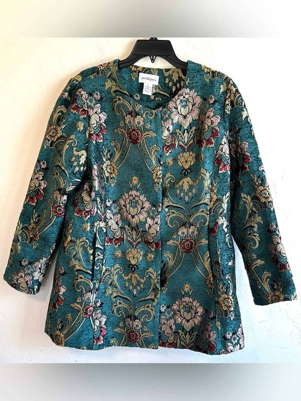 Peck & Peck Teal/Gold Floral Brocade Tapestry Artsy Blazer Jacket Sz XL